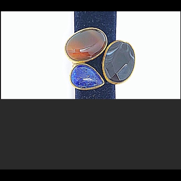 Large Triple Gemstone-Lapis,Tigers Eye,Blk Obsidian Statement Rings set in Gold - Picture 5 of 6